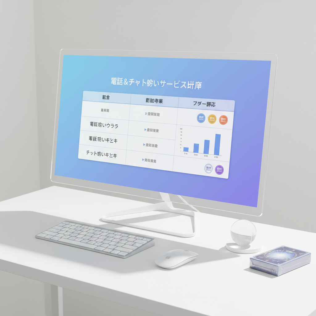 A large, ultra-clear computer monitor on a minimalist white desk displays a comparison table of telephone and chat fortune-telling services in Japanese, with neatly aligned columns for fees, first-time bonuses, and user ratings. The interface uses soft blues and purples with clean graphs and badges, giving a sense of reliability. Beside the monitor sits a small, faceted crystal ball and a neatly stacked deck of unopened tarot cards, adding subtle mystical hints without clutter. Soft studio lighting creates even illumination, with a slight glow on the screen and gentle shadows under the keyboard. Photographic realism, eye-level composition, and a clean, modern aesthetic convey a professional, objective comparison environment.